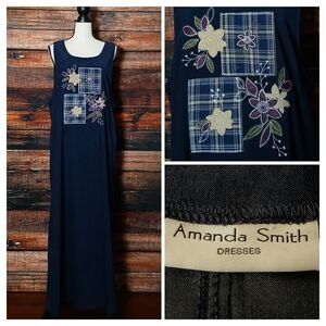 Amanda Smith Maxi Jumper Dress L Navy Blue Faux Suede Embroidered Overall